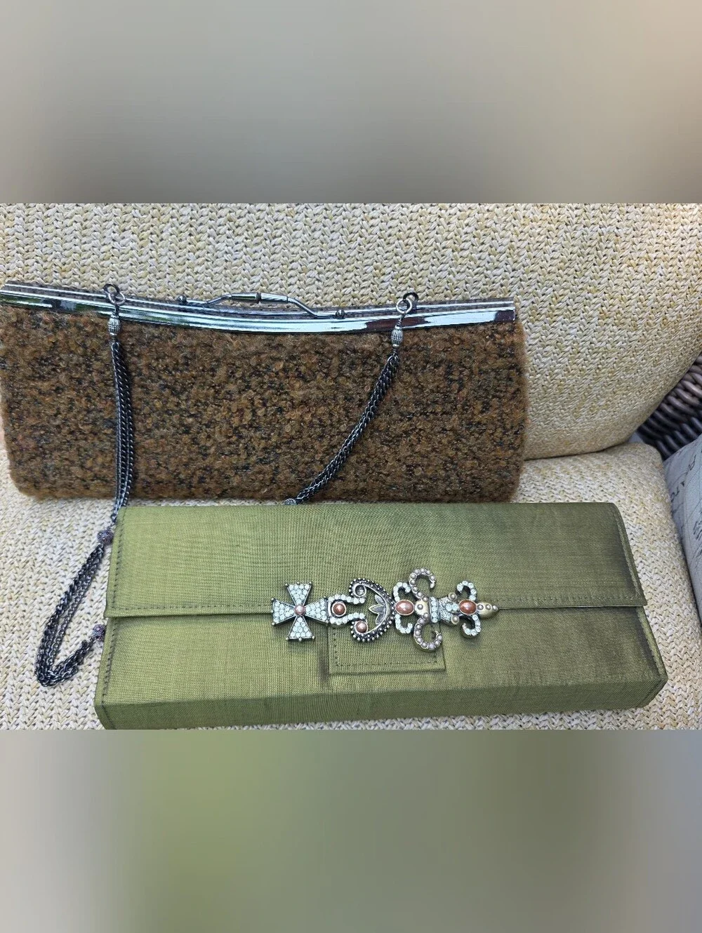 Vintage-Inspired Olive Green Clutch with Decorative Brooch